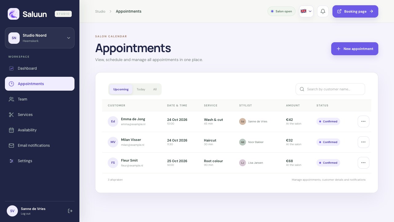 English appointment list with sample services, team members, times and statuses