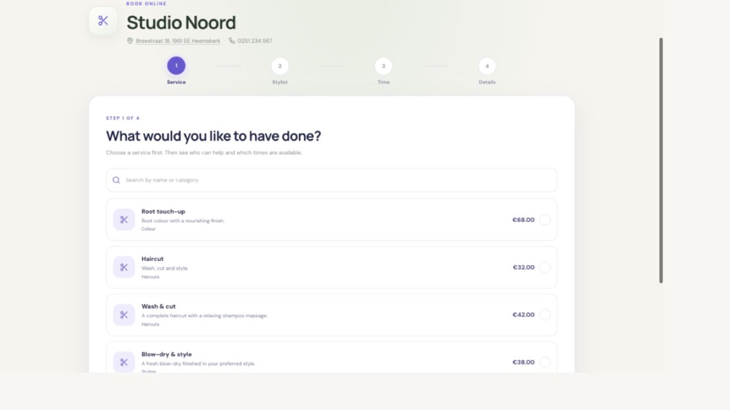 Online boekingsstap met behandelingen, omschrijvingen, categorieën en prijzen van Studio Noord