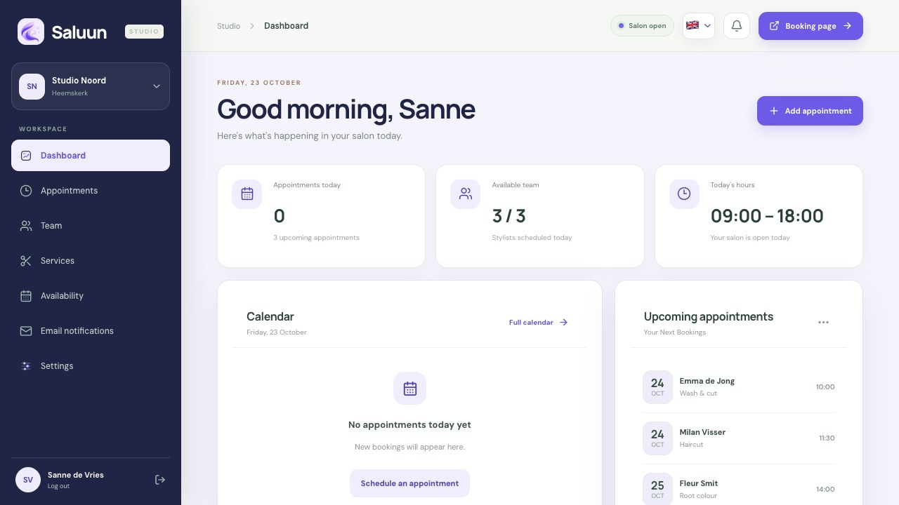 Saluun salon dashboard in English, showing sample team, opening hours and appointments