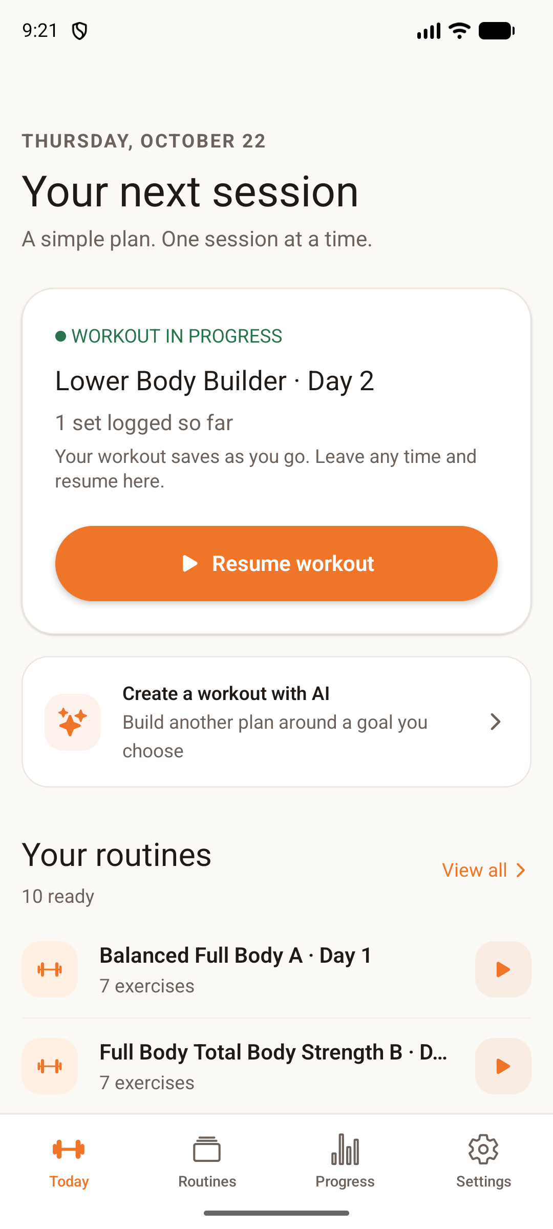 SecureSets Today screen with a workout in progress and saved training routines