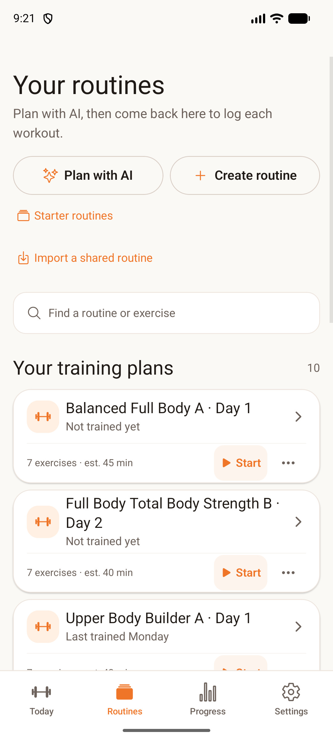 SecureSets Routines screen showing AI planning, starter routines and saved training plans