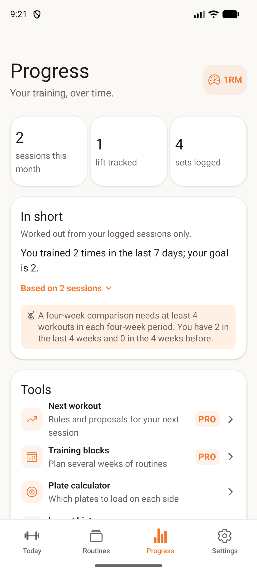 SecureSets Progress screen summarizing sessions, logged sets and training tools