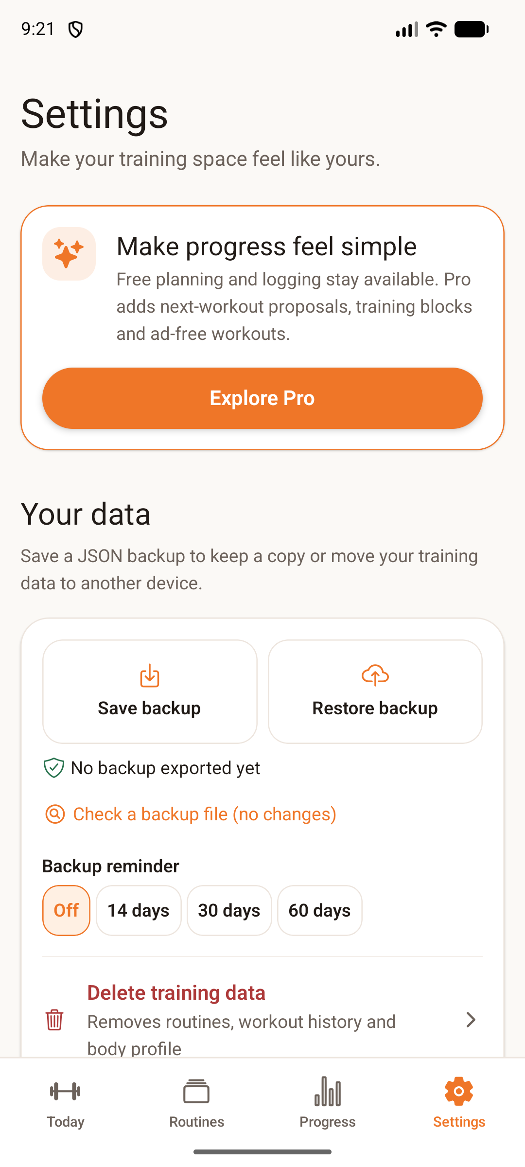 SecureSets Settings screen with backup, restore and reminder controls