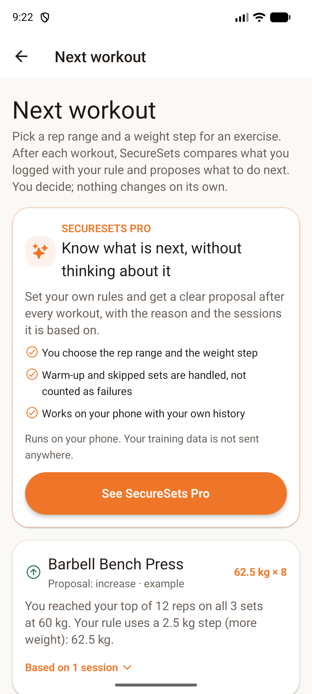SecureSets Pro next-workout screen with progression rules and an example load proposal