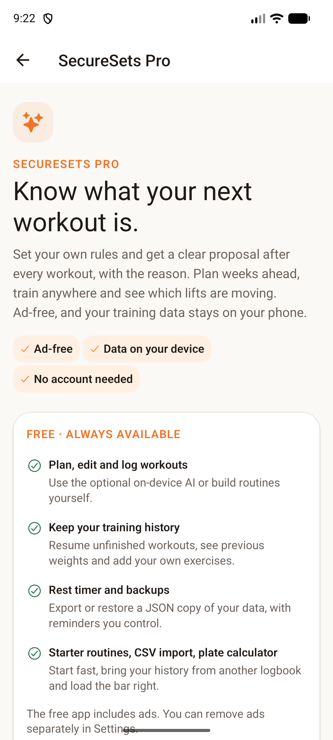 SecureSets Pro screen showing included features and monthly or lifetime plans