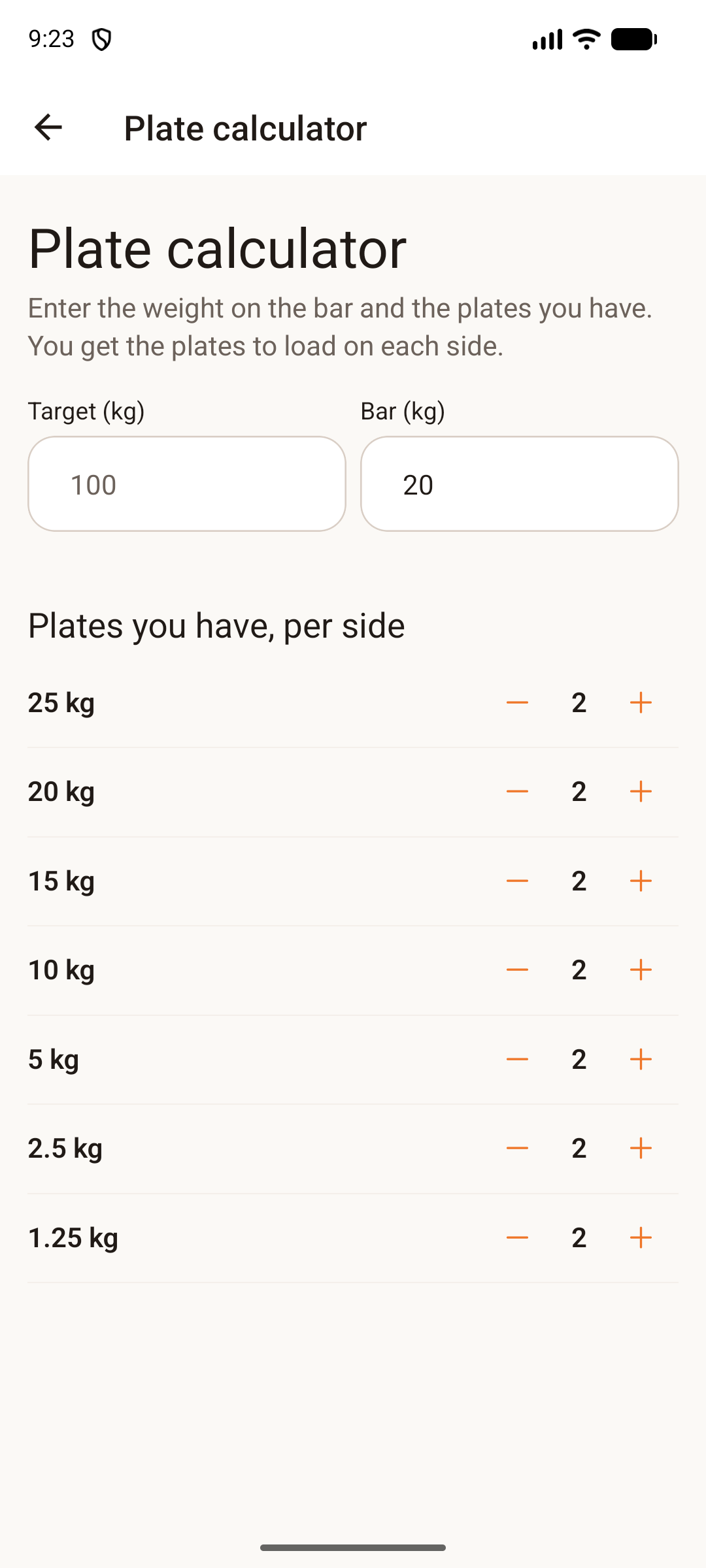 SecureSets plate calculator showing target weight, bar weight and available plates