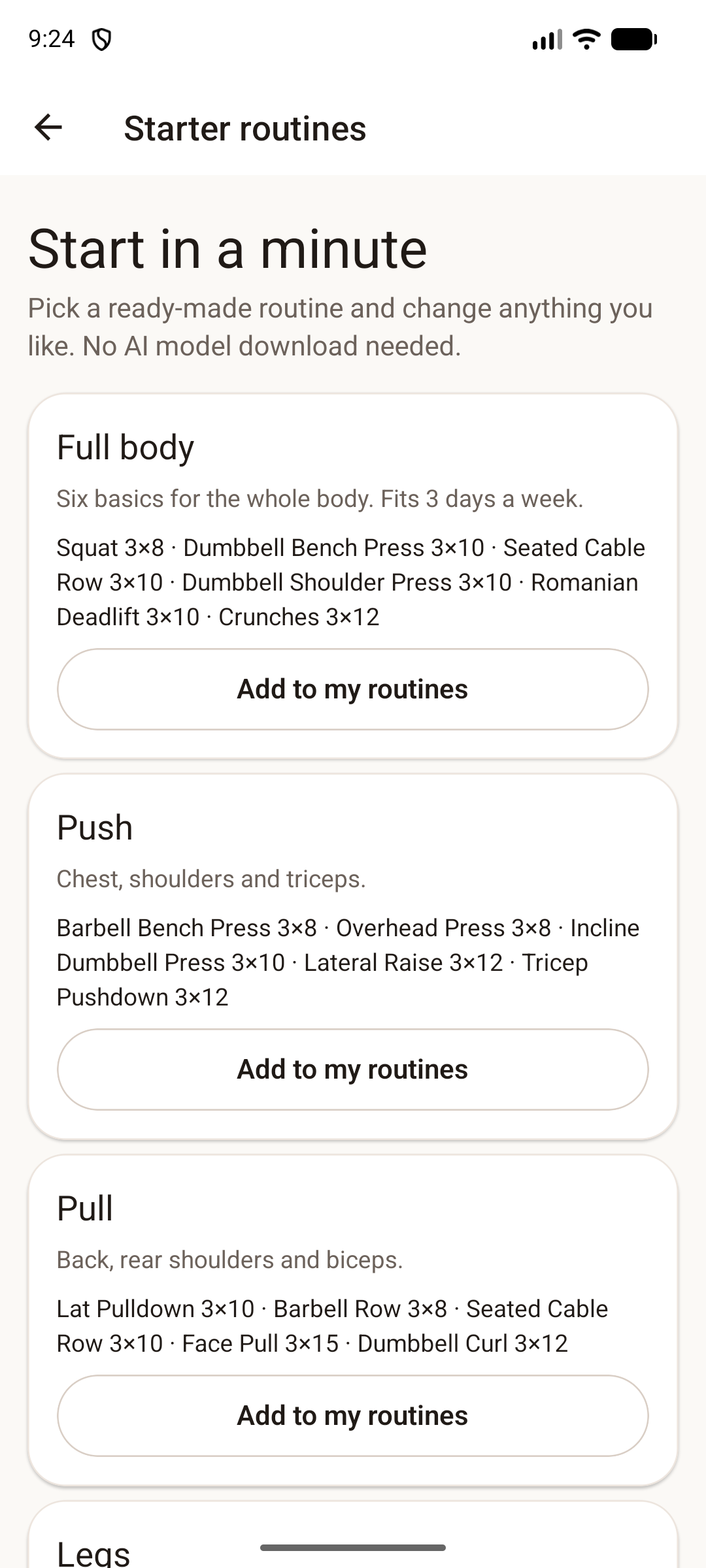 SecureSets starter routines screen with ready-made full-body and split plans