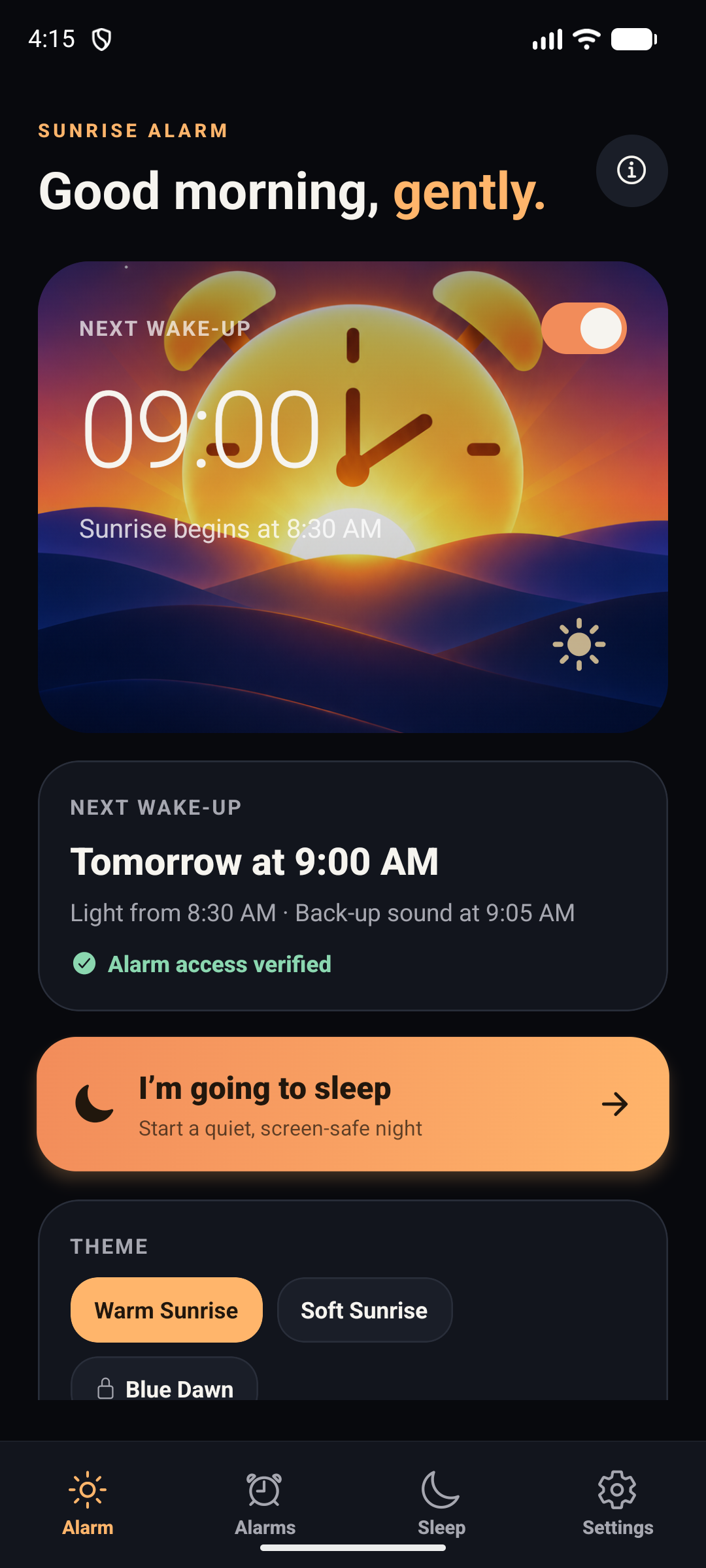 Sunrise Alarm home screen with a 9:00 AM wake-up and I’m going to sleep button