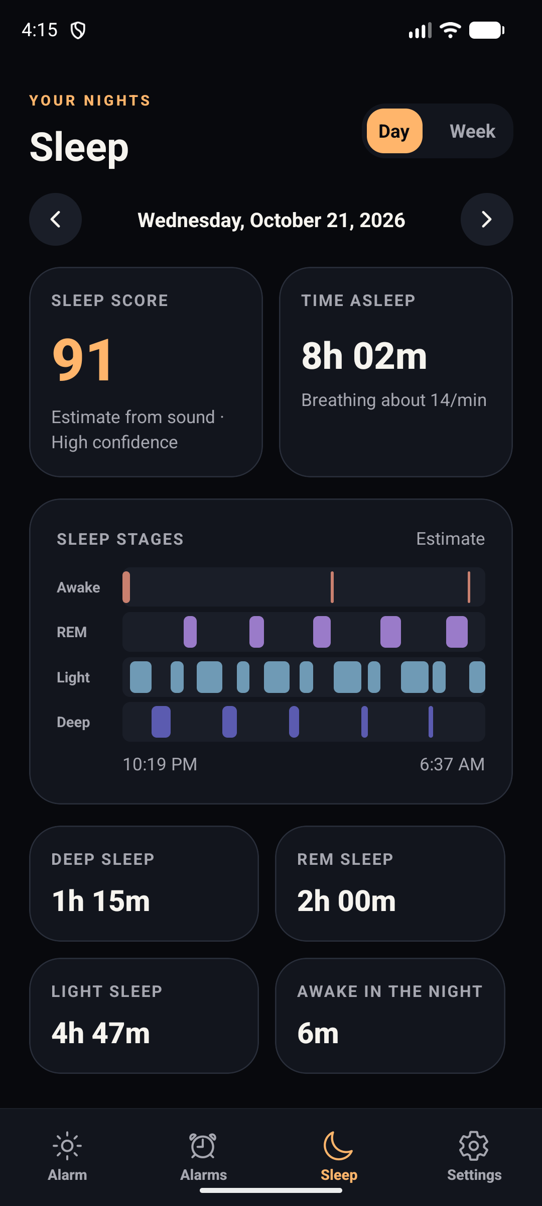 Example Sunrise Alarm sleep report with estimated stages and sample sleep data